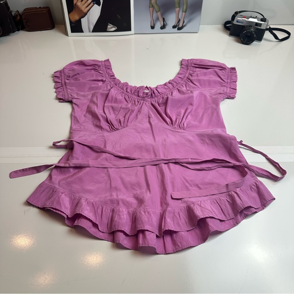 Zara Silk Blend Pink Peplum Puff Sleeve Coquette Balletcore Blouse M
